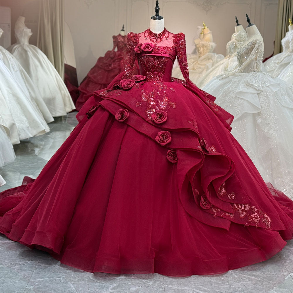 TW1086 Customizable Gorgeous Red Turtle Long Sleeves Lace-Up Keyhole Back Evening Prom Dress With Crystal Sequined 3D Flowers