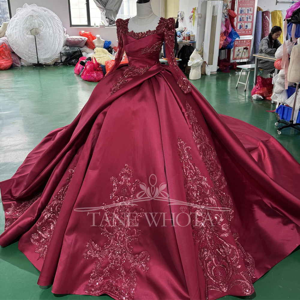TW805 Customizable Red Evening Dress With Square Collar Long Sleeves Lace-Up Back Crystal Beading Embroidery For Women