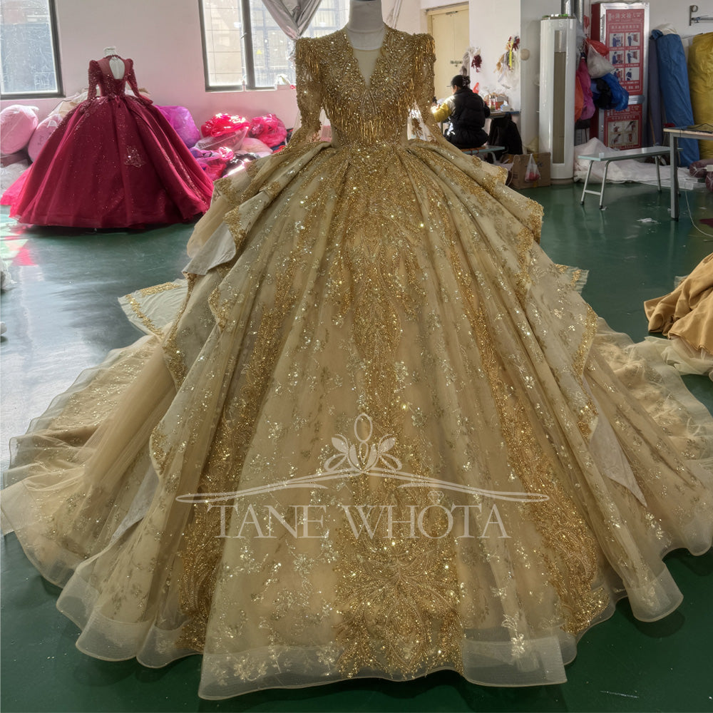 TW804 Customizable Gold Luxury Evening Dress V-Neck Long Sleeve Crystal Beaded Sequined Embroidery Lace Up Keyhole Back