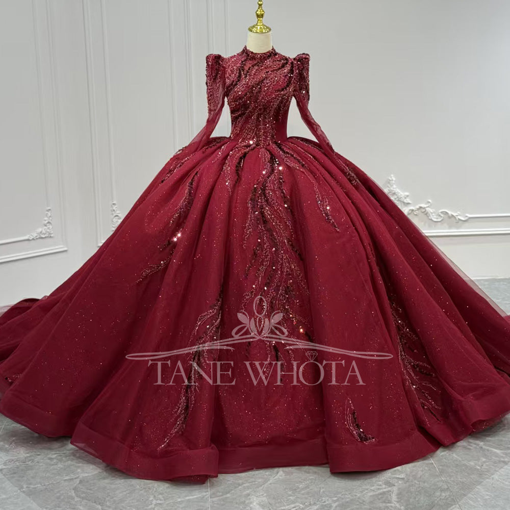 TW814 Customizable Red Evening Gown High Long Sleeves Lace-Up Keyhole Back Sequined Beading Robe Soirée Luxe 2026 Style For Women