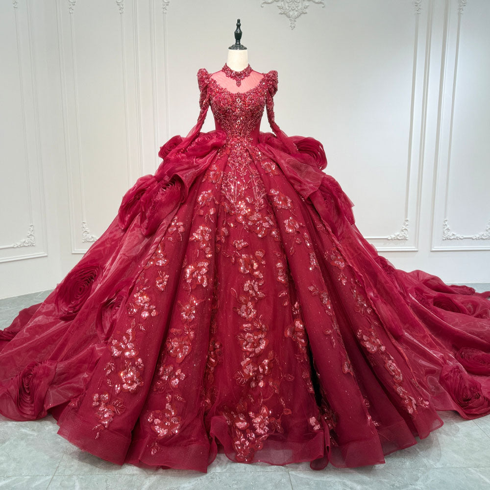 TW1085 Red Turtle Customizable Evening Dress With Long Sleeves Lace-Up Keyhole Back Crystal Beading Sequined 3D Flowers Luxury 2026