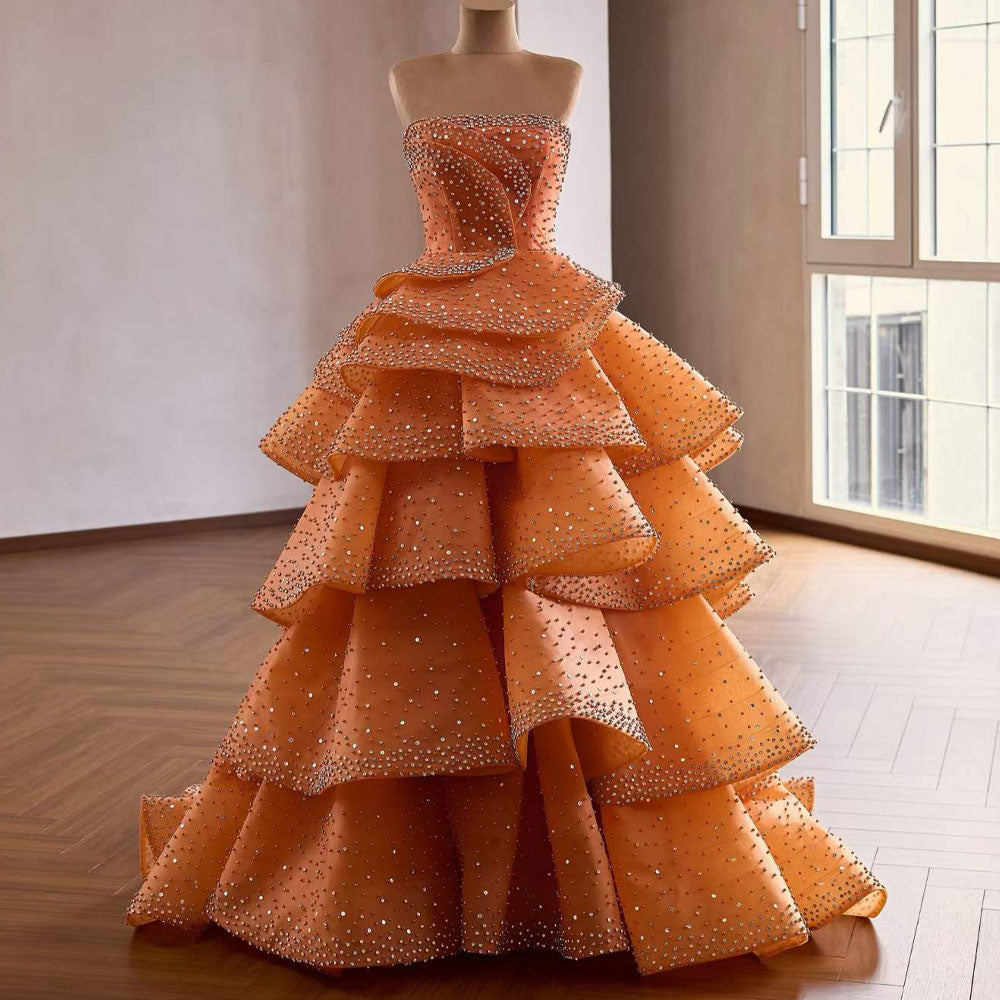 TW1090 2026 Orange Customizable Evening Dress Strapless Sleeveless Sequined Tiered Beading Lace-Up Back Gown For Women