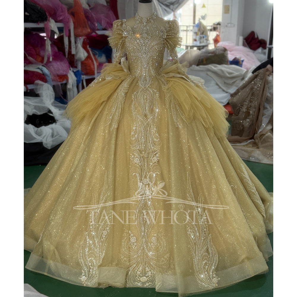 TW806 Customizable Yellow Evening Gown With High Long Sleeves Keyhole Back Crystal Beading Lace Up Prom Dress