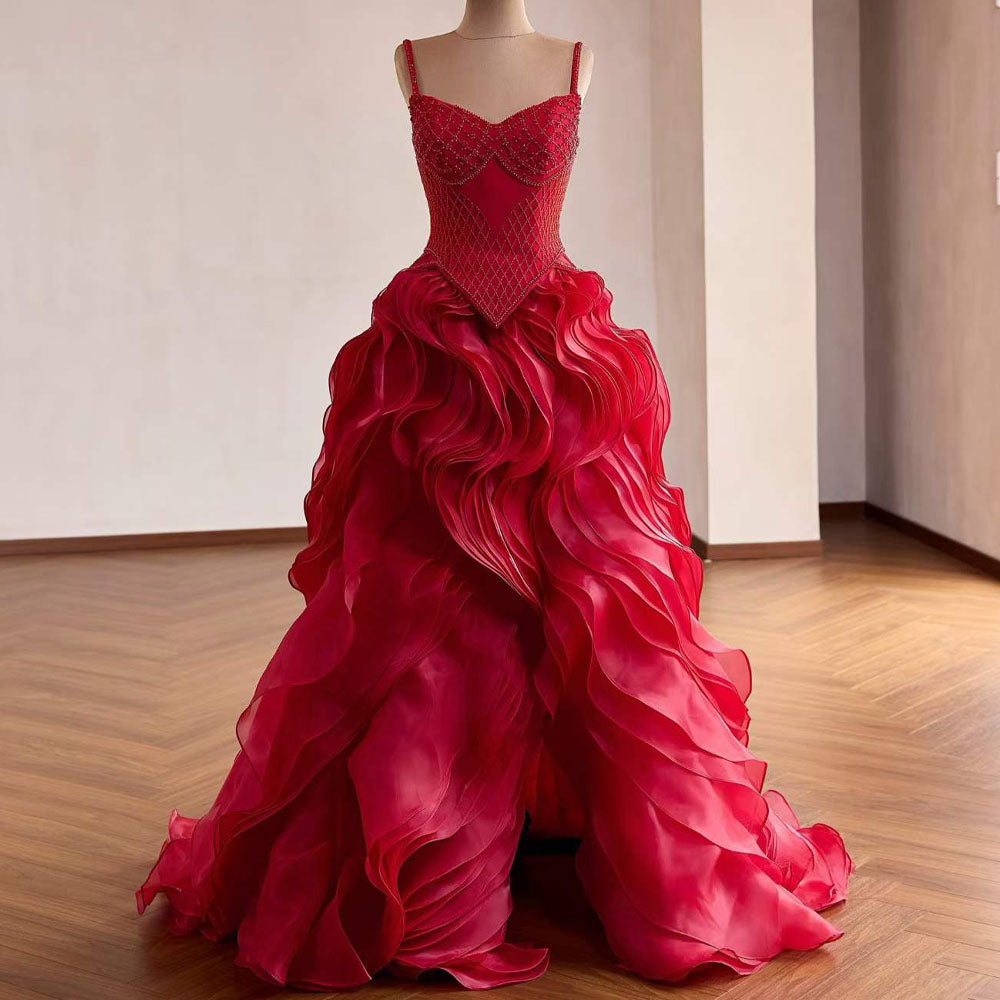 TW1110 Customizable Red Evening Gown Spaghetti Strap Zipper Beaded Ruffle Detail For Women