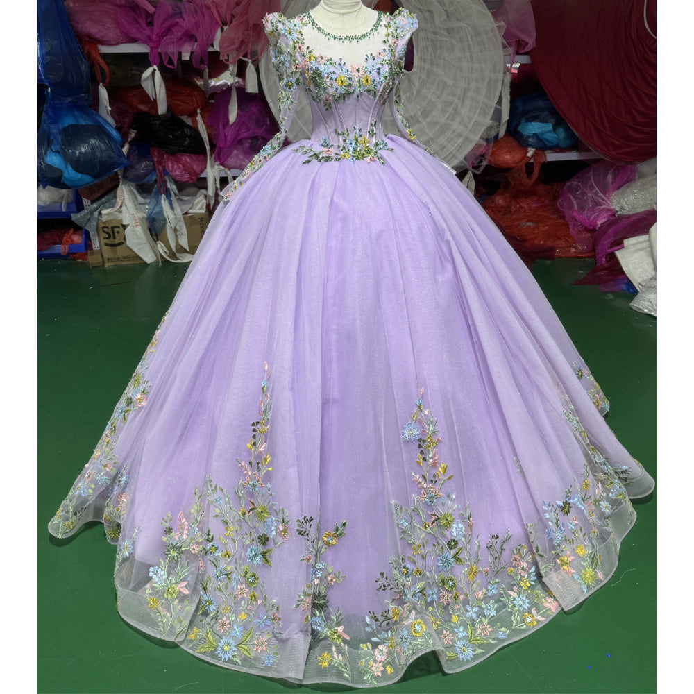 TW974 Purple Evening Dress O-Neck Long Sleeve Beaded Embroidery Lace-Up Keyhole Back Women's Customizable Gown For 2026