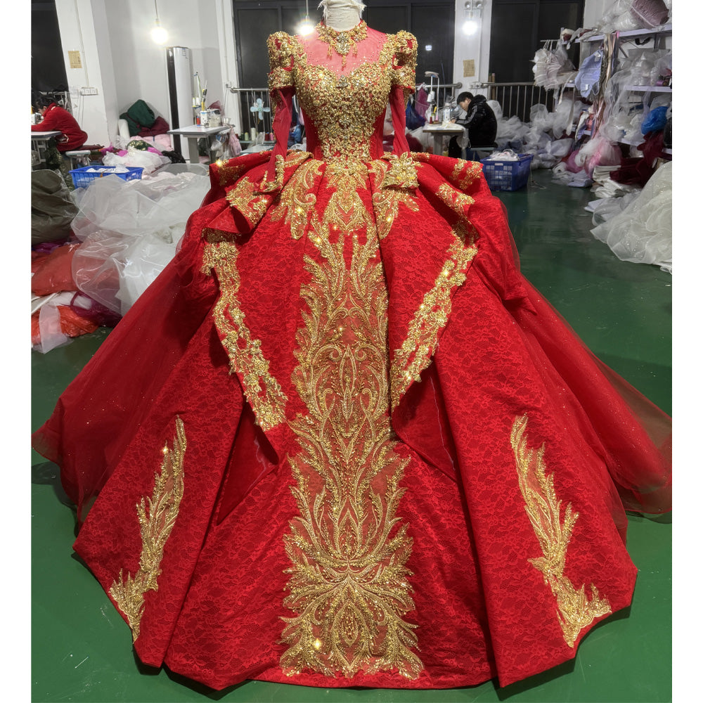 TW975 Red Evening Dress With Long Sleeves Crystal Embroidery Sequined Lace-Up Back Customizable Turtle Robe For Soirée Femme