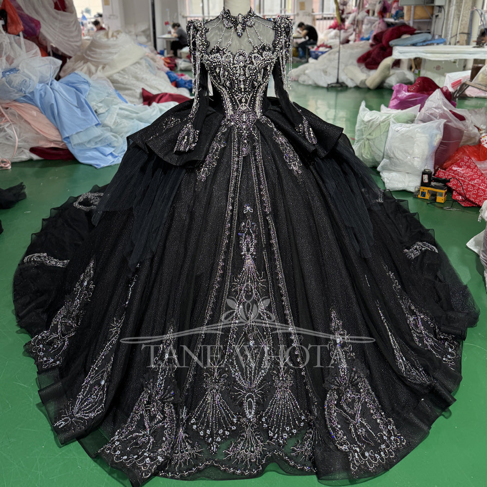 TW826 Turtle Black Customizable Long Sleeves Lace-Up Keyhole Back Evening Gown Crystal Beading Luxury Dress For Special Occasions