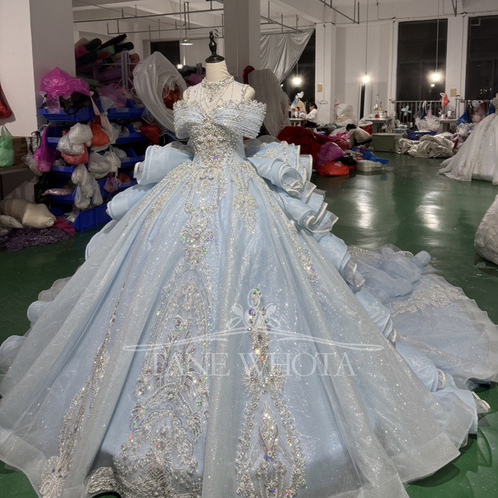 TW818 Customizable High-Neck Blue Evening Gown Off The Shoulder Lace-Up Keyhole Back Crystal Beaded Luxury Dress For 2026