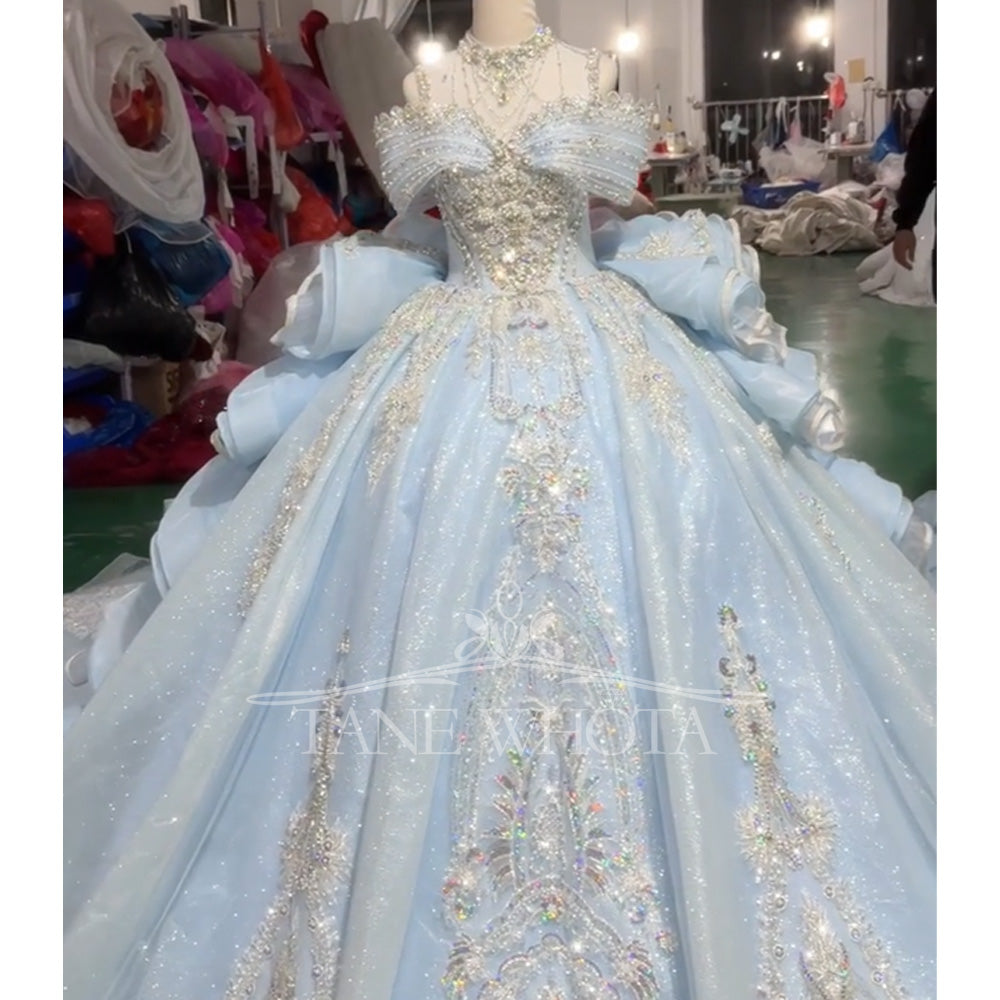 TW818 Customizable High-Neck Blue Evening Gown Off The Shoulder Lace-Up Keyhole Back Crystal Beaded Luxury Dress For 2026