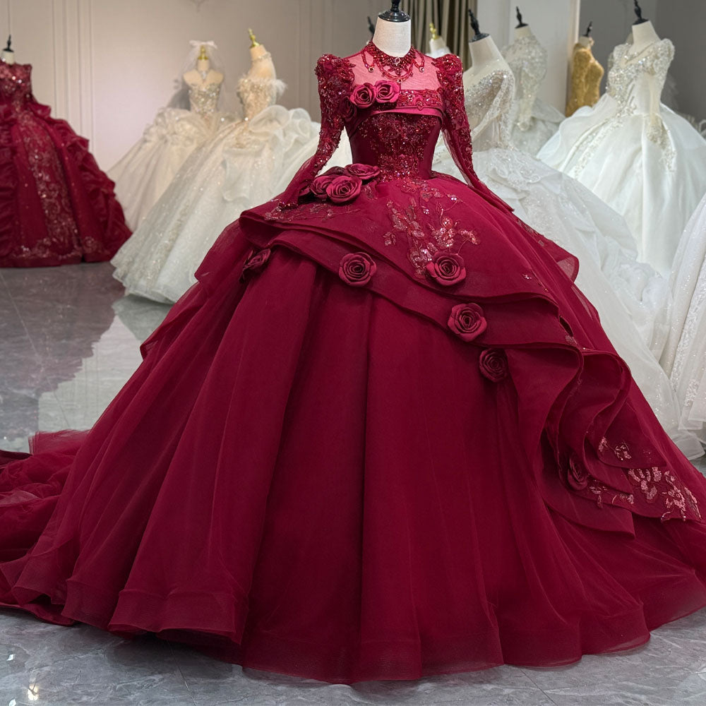 TW1086 Customizable Gorgeous Red Turtle Long Sleeves Lace-Up Keyhole Back Evening Prom Dress With Crystal Sequined 3D Flowers