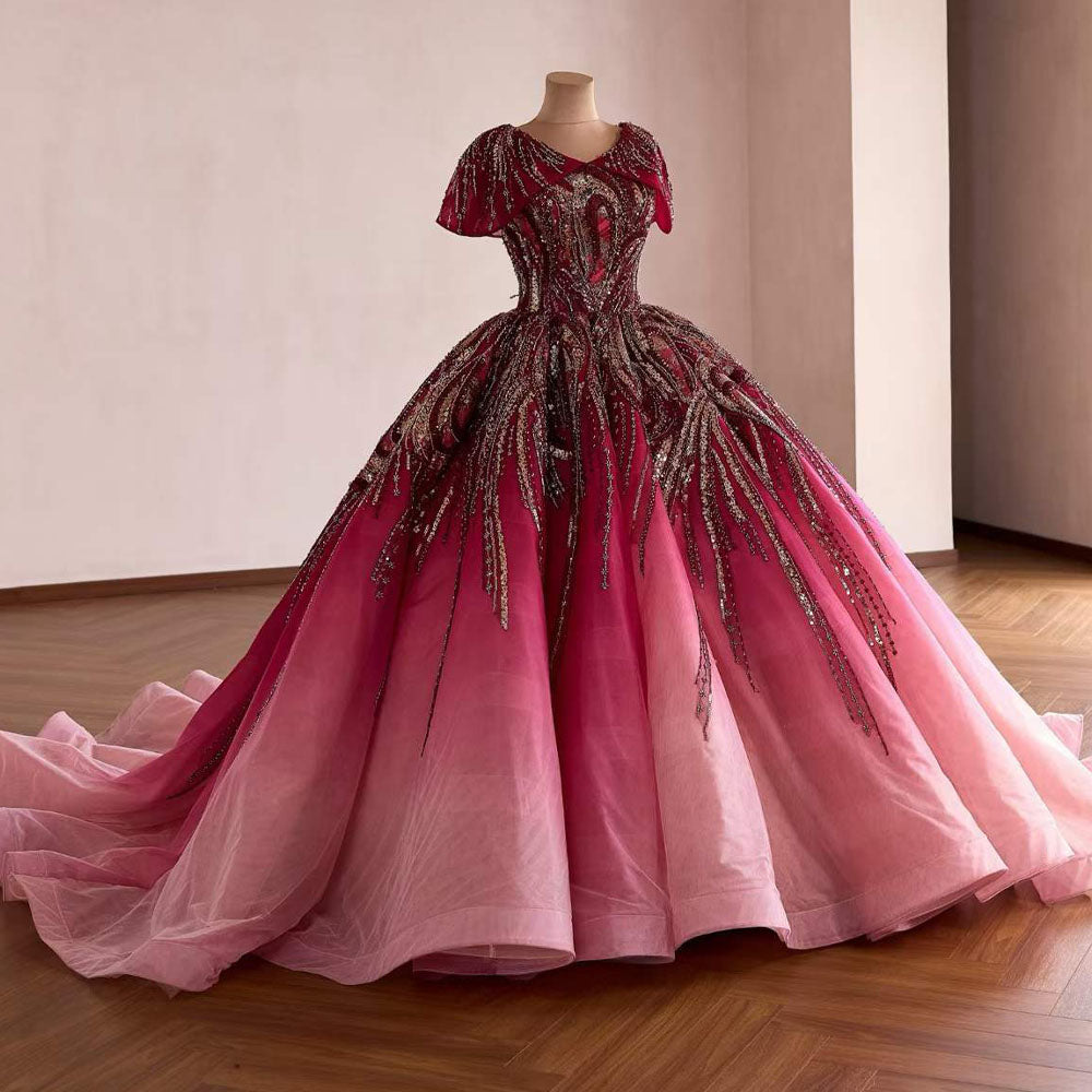TW1092 Luxury V-Neck Cap Sleeve Evening Dress With Lace-Up Back And Sequined Embroidery Customizable Prom Dress 2026