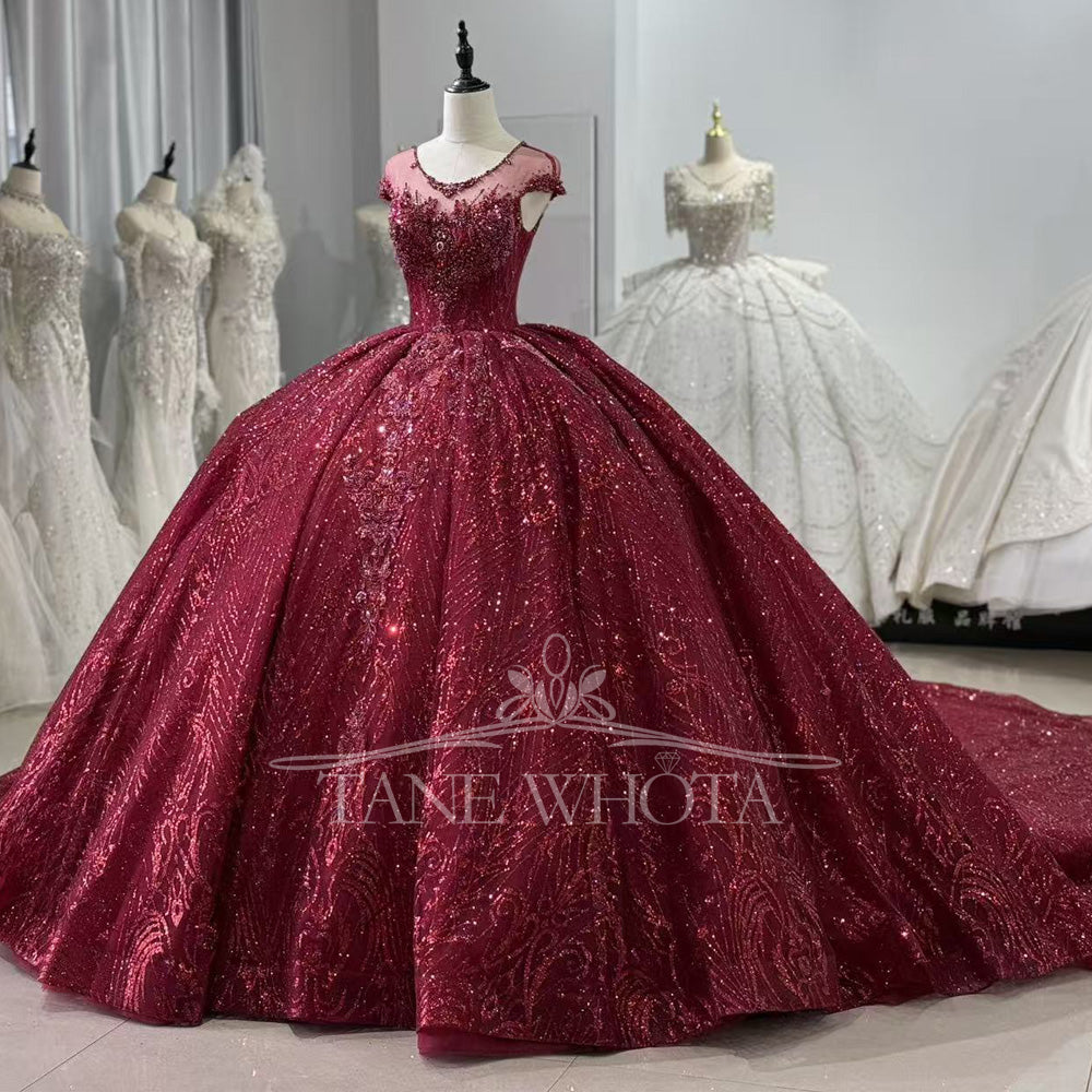 TW815 Customizable Red Evening Gown O-Neck Cap Sleeves Lace Up Keyhole Back Crystal Sequined Prom Dress For Women