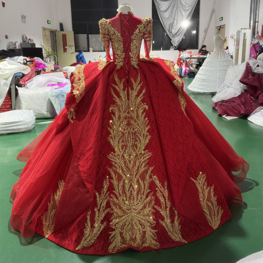 TW975 Red Evening Dress With Long Sleeves Crystal Embroidery Sequined Lace-Up Back Customizable Turtle Robe For Soirée Femme