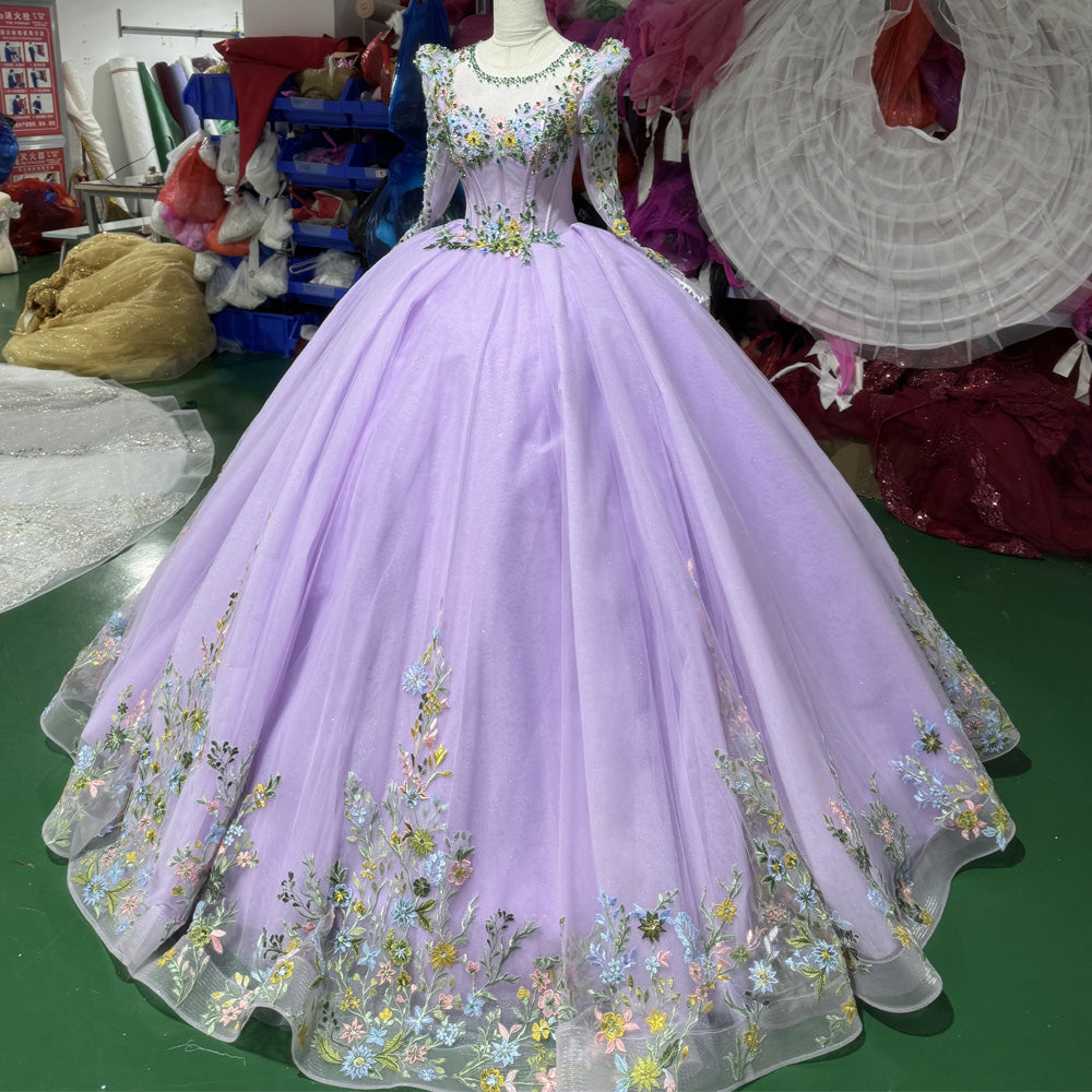 TW974 Purple Evening Dress O-Neck Long Sleeve Beaded Embroidery Lace-Up Keyhole Back Women's Customizable Gown For 2026