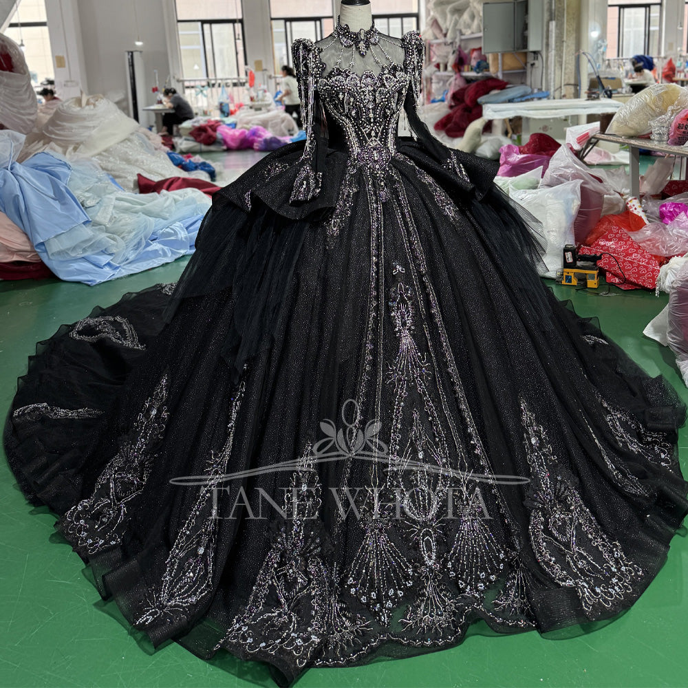 TW826 Turtle Black Customizable Long Sleeves Lace-Up Keyhole Back Evening Gown Crystal Beading Luxury Dress For Special Occasions