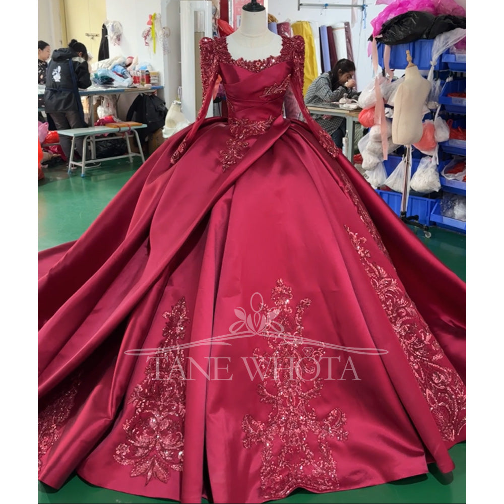 TW805 Customizable Red Evening Dress With Square Collar Long Sleeves Lace-Up Back Crystal Beading Embroidery For Women