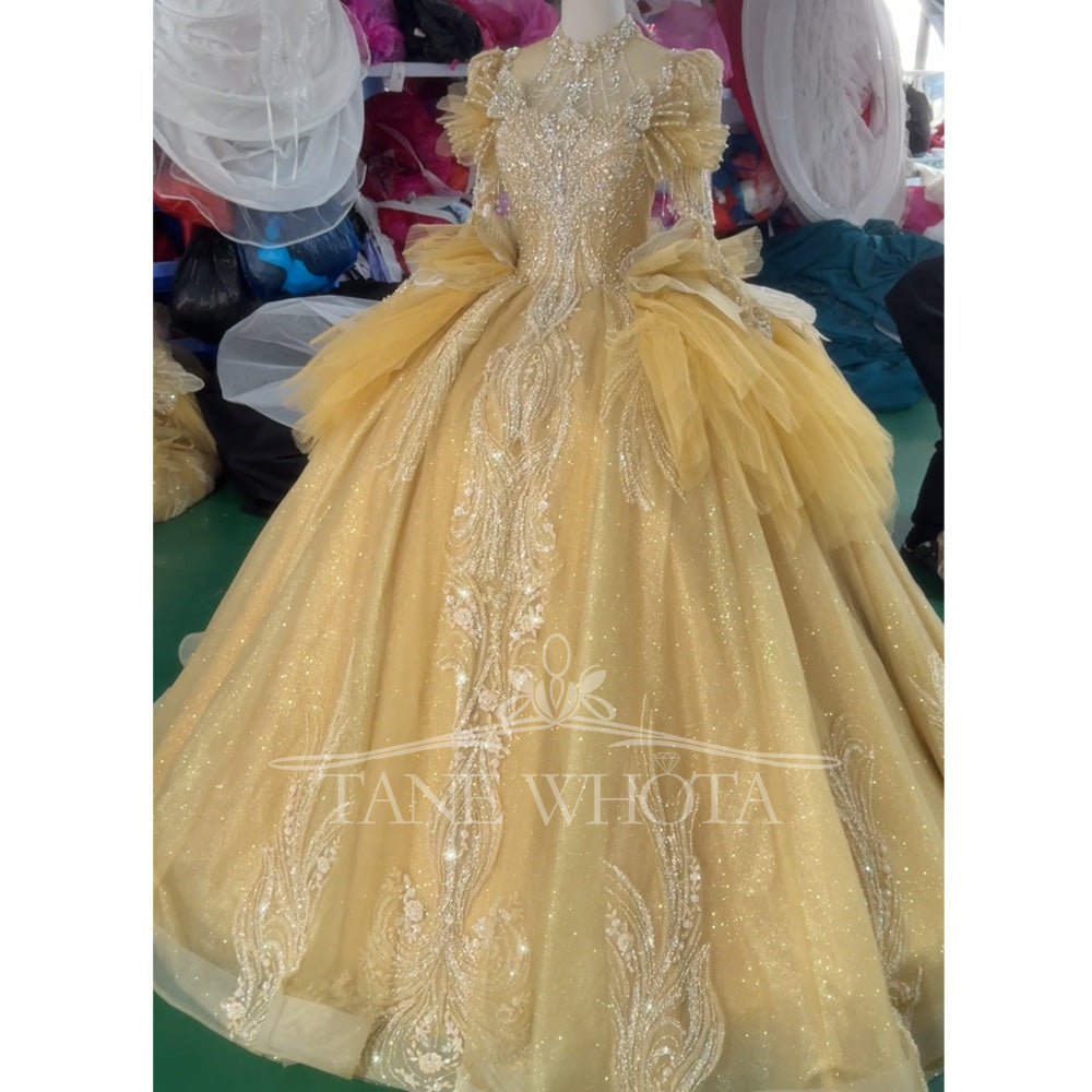 TW806 Customizable Yellow Evening Gown With High Long Sleeves Keyhole Back Crystal Beading Lace Up Prom Dress