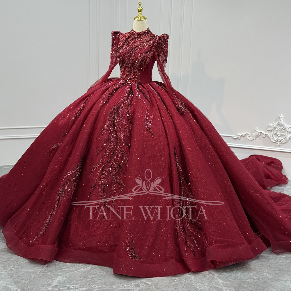 TW814 Customizable Red Evening Gown High Long Sleeves Lace-Up Keyhole Back Sequined Beading Robe Soirée Luxe 2026 Style For Women