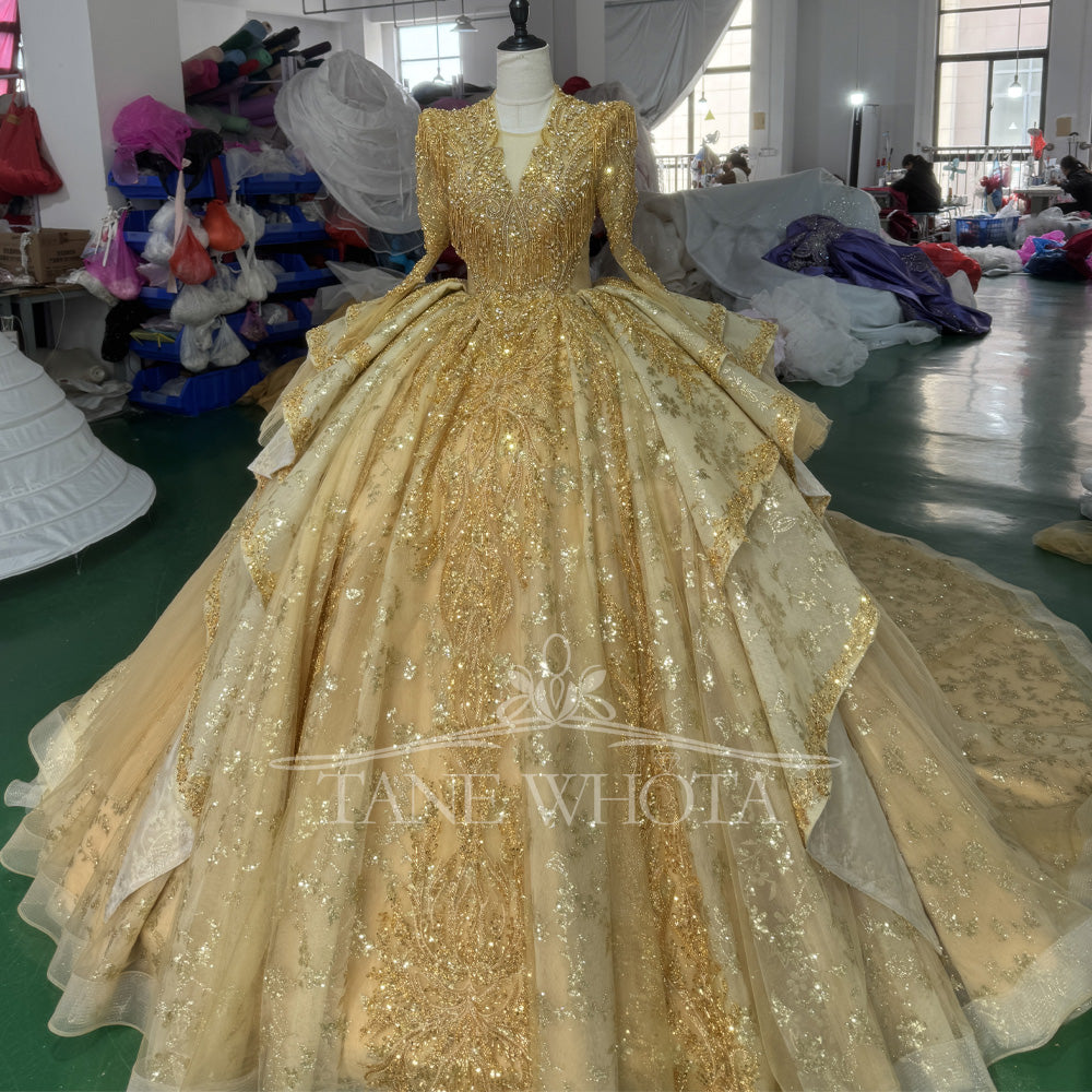 TW804 Customizable Gold Luxury Evening Dress V-Neck Long Sleeve Crystal Beaded Sequined Embroidery Lace Up Keyhole Back