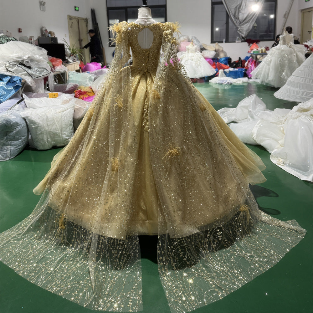 TW976 Yellow Evening Dress O-Neck Long Sleeve Crystal Embroidery With Feathers Lace-Up Keyhole Back Customizable Women's Formal Gown