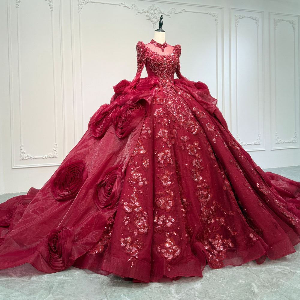 TW1085 Red Turtle Customizable Evening Dress With Long Sleeves Lace-Up Keyhole Back Crystal Beading Sequined 3D Flowers Luxury 2026