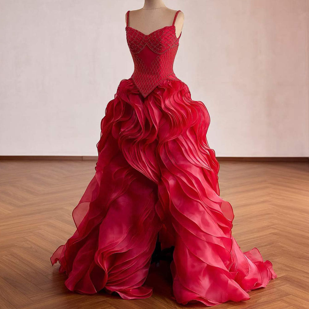 TW1110 Customizable Red Evening Gown Spaghetti Strap Zipper Beaded Ruffle Detail For Women