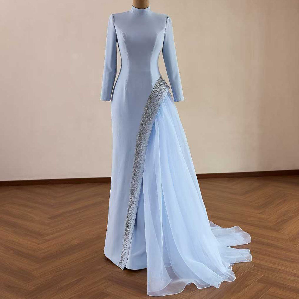 TW1081 2026 Light Blue Customizable High Long Sleeves Evening Dress Zipper Crystal Elegant Prom Dress