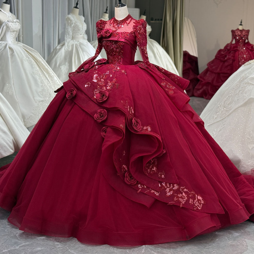 TW1086 Customizable Gorgeous Red Turtle Long Sleeves Lace-Up Keyhole Back Evening Prom Dress With Crystal Sequined 3D Flowers