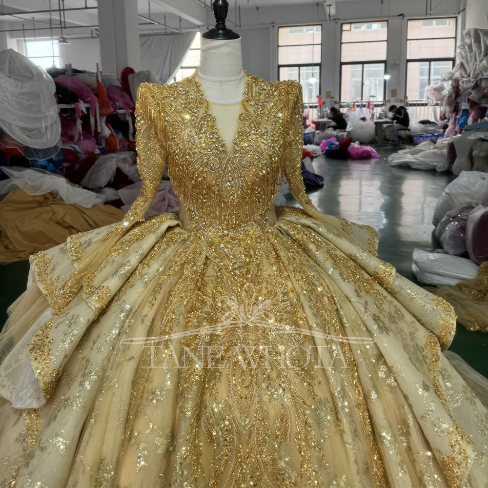 TW804 Customizable Gold Luxury Evening Dress V-Neck Long Sleeve Crystal Beaded Sequined Embroidery Lace Up Keyhole Back