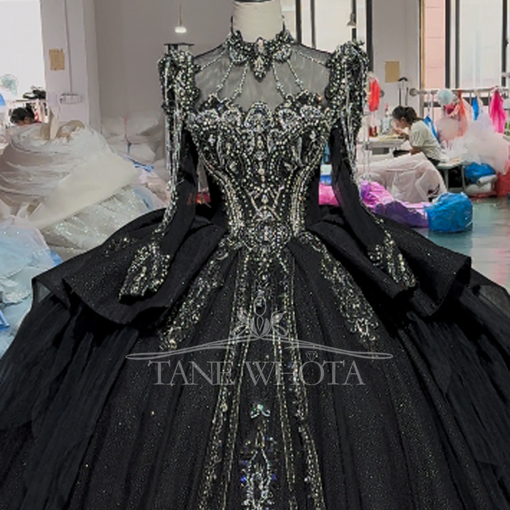 TW826 Turtle Black Customizable Long Sleeves Lace-Up Keyhole Back Evening Gown Crystal Beading Luxury Dress For Special Occasions
