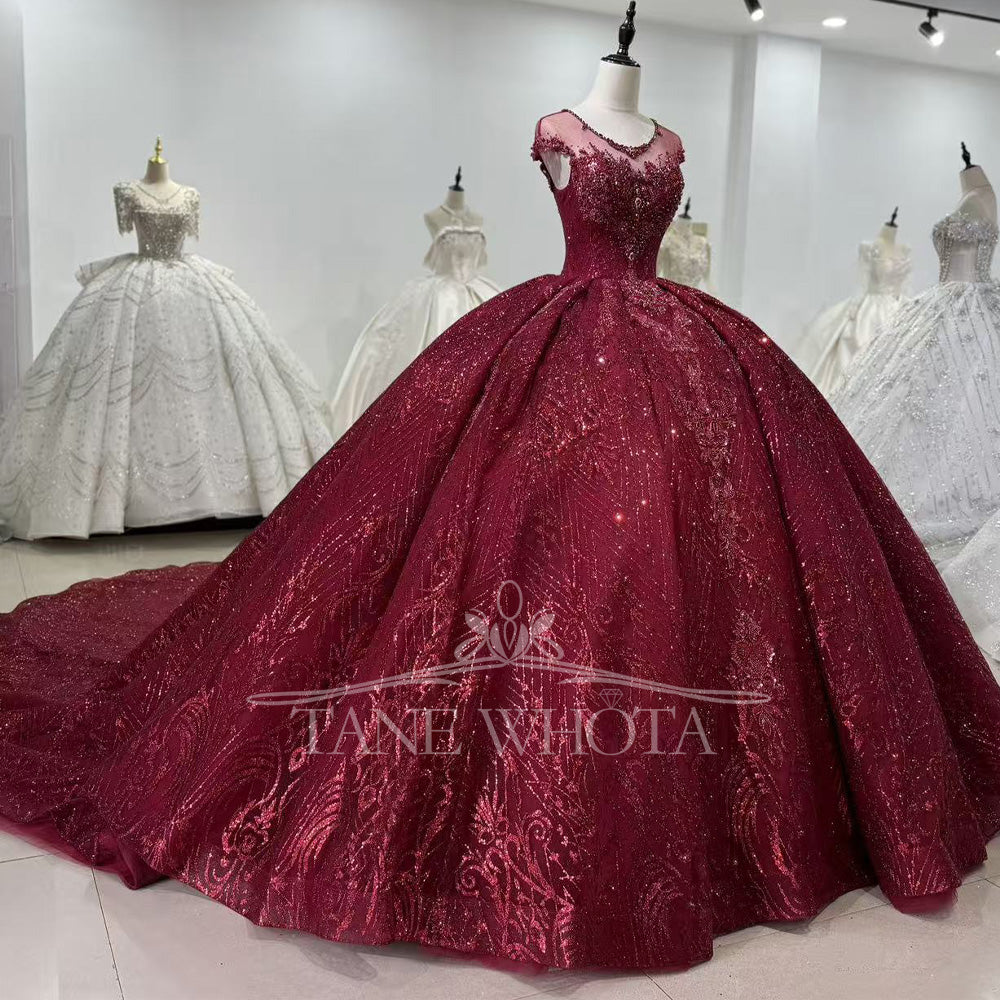 TW815 Customizable Red Evening Gown O-Neck Cap Sleeves Lace Up Keyhole Back Crystal Sequined Prom Dress For Women
