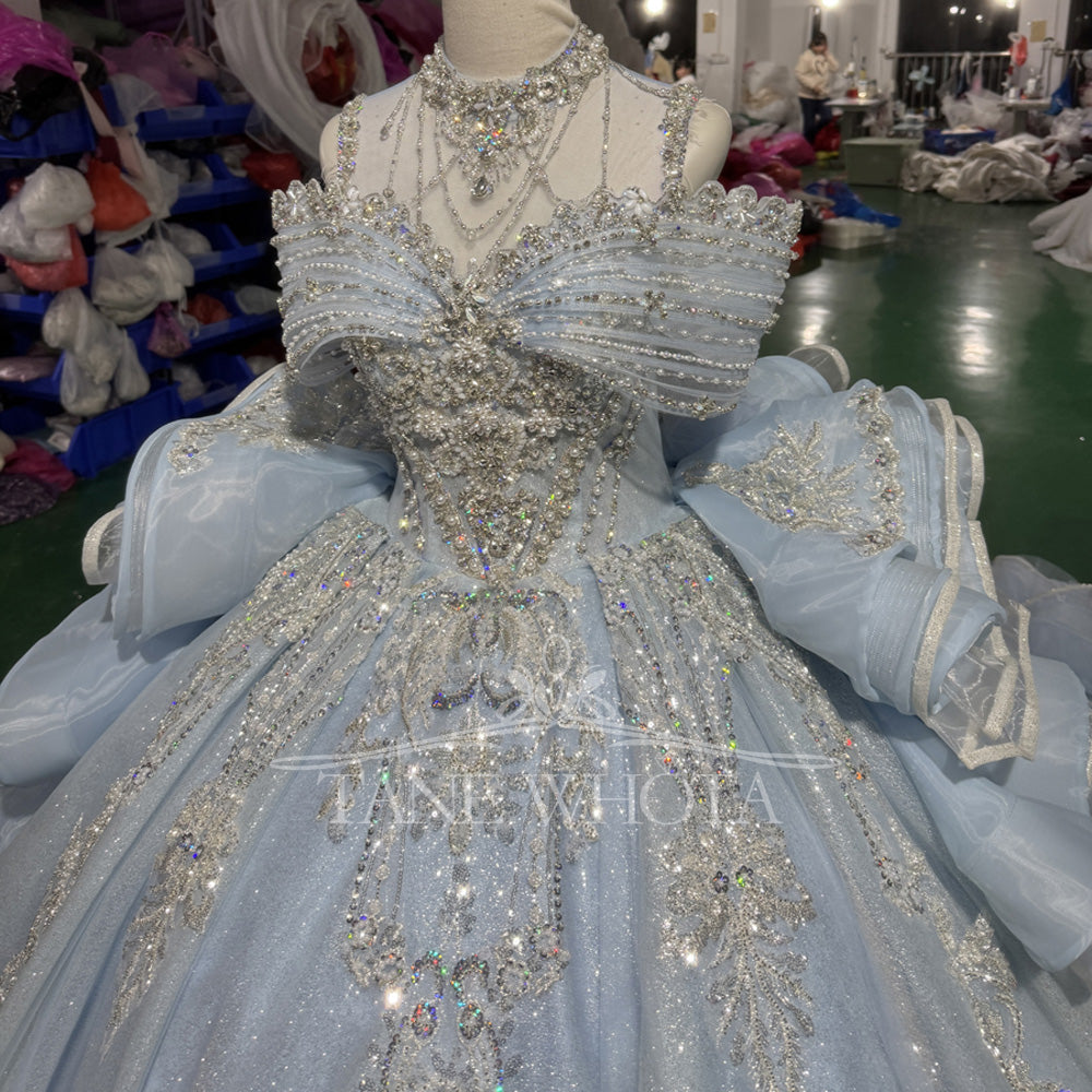 TW818 Customizable High-Neck Blue Evening Gown Off The Shoulder Lace-Up Keyhole Back Crystal Beaded Luxury Dress For 2026