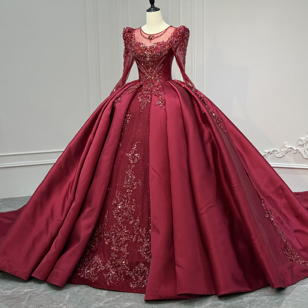 TW970 Red O-Neck Customizable Long Sleeves Lace-Up Keyhole Back Evening Dress Crystal Beading Luxury Dress 2026