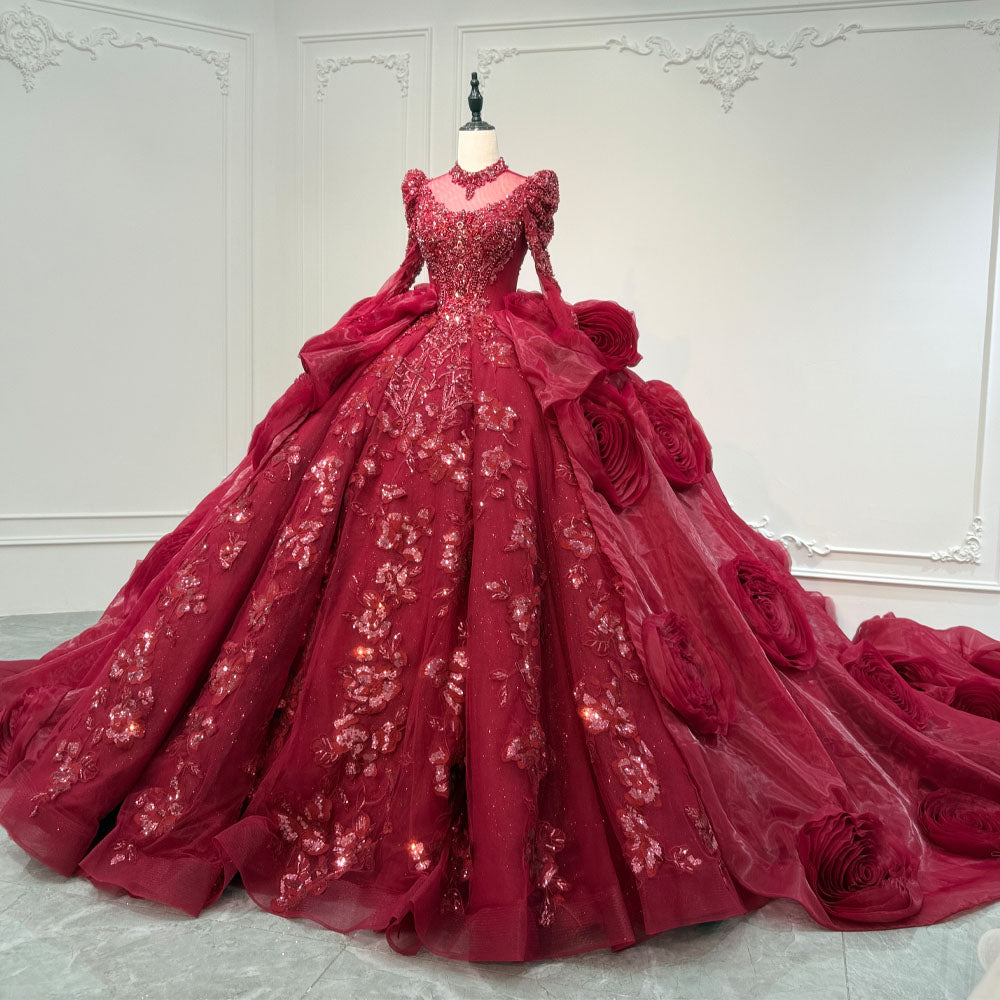 TW1085 Red Turtle Customizable Evening Dress With Long Sleeves Lace-Up Keyhole Back Crystal Beading Sequined 3D Flowers Luxury 2026