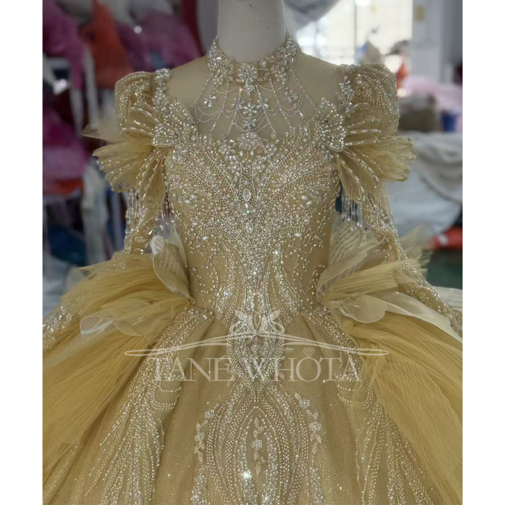 TW806 Customizable Yellow Evening Gown With High Long Sleeves Keyhole Back Crystal Beading Lace Up Prom Dress