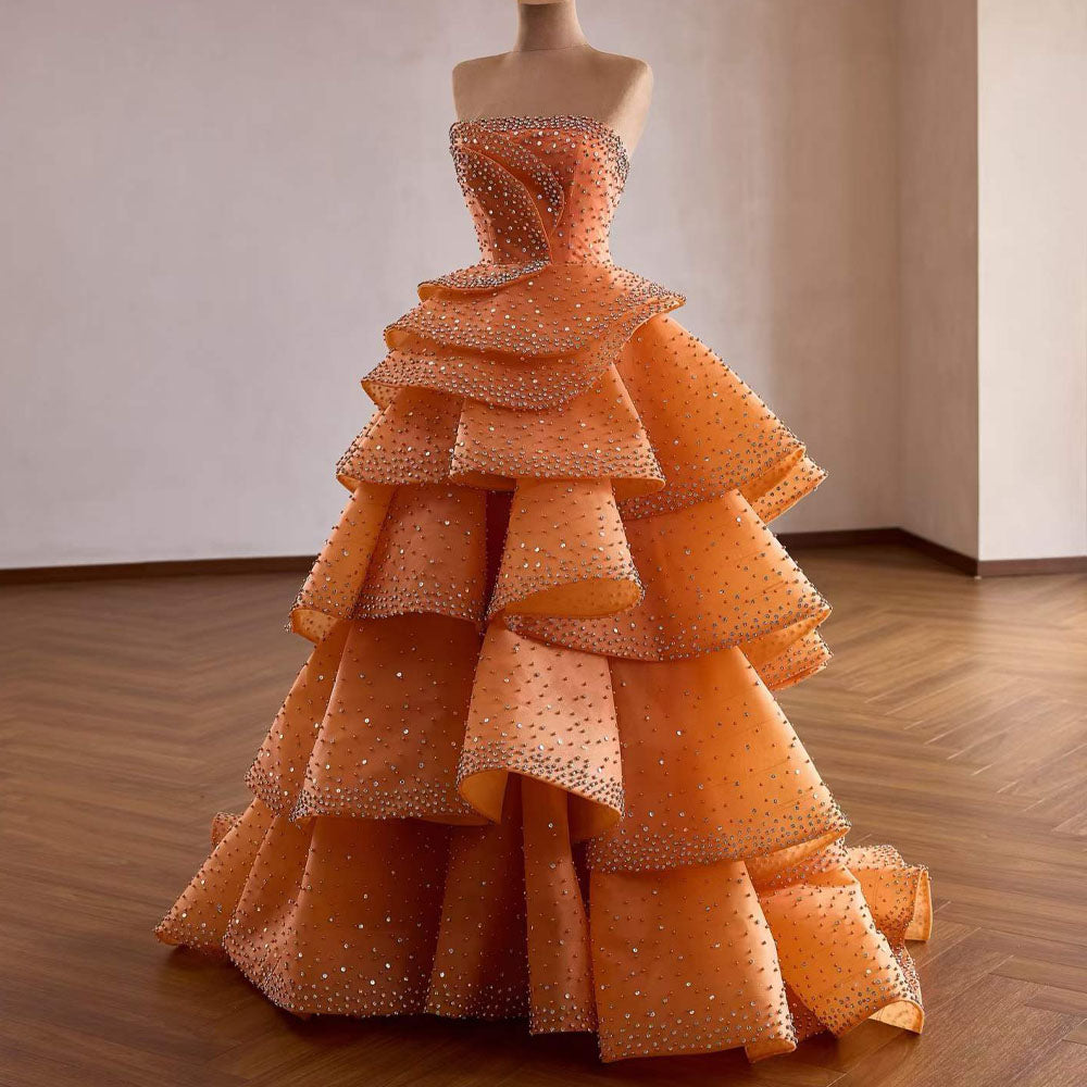 TW1090 2026 Orange Customizable Evening Dress Strapless Sleeveless Sequined Tiered Beading Lace-Up Back Gown For Women