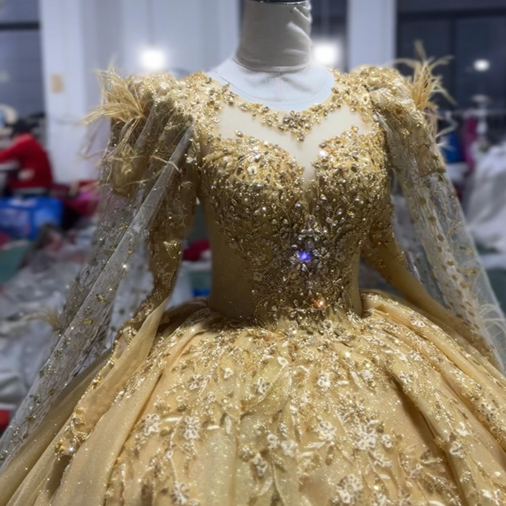 TW976 Yellow Evening Dress O-Neck Long Sleeve Crystal Embroidery With Feathers Lace-Up Keyhole Back Customizable Women's Formal Gown