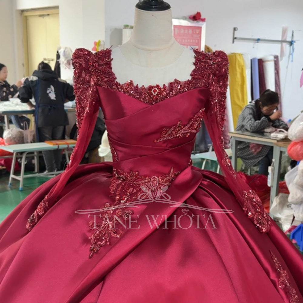TW805 Customizable Red Evening Dress With Square Collar Long Sleeves Lace-Up Back Crystal Beading Embroidery For Women