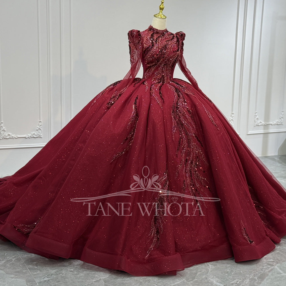 TW814 Customizable Red Evening Gown High Long Sleeves Lace-Up Keyhole Back Sequined Beading Robe Soirée Luxe 2026 Style For Women