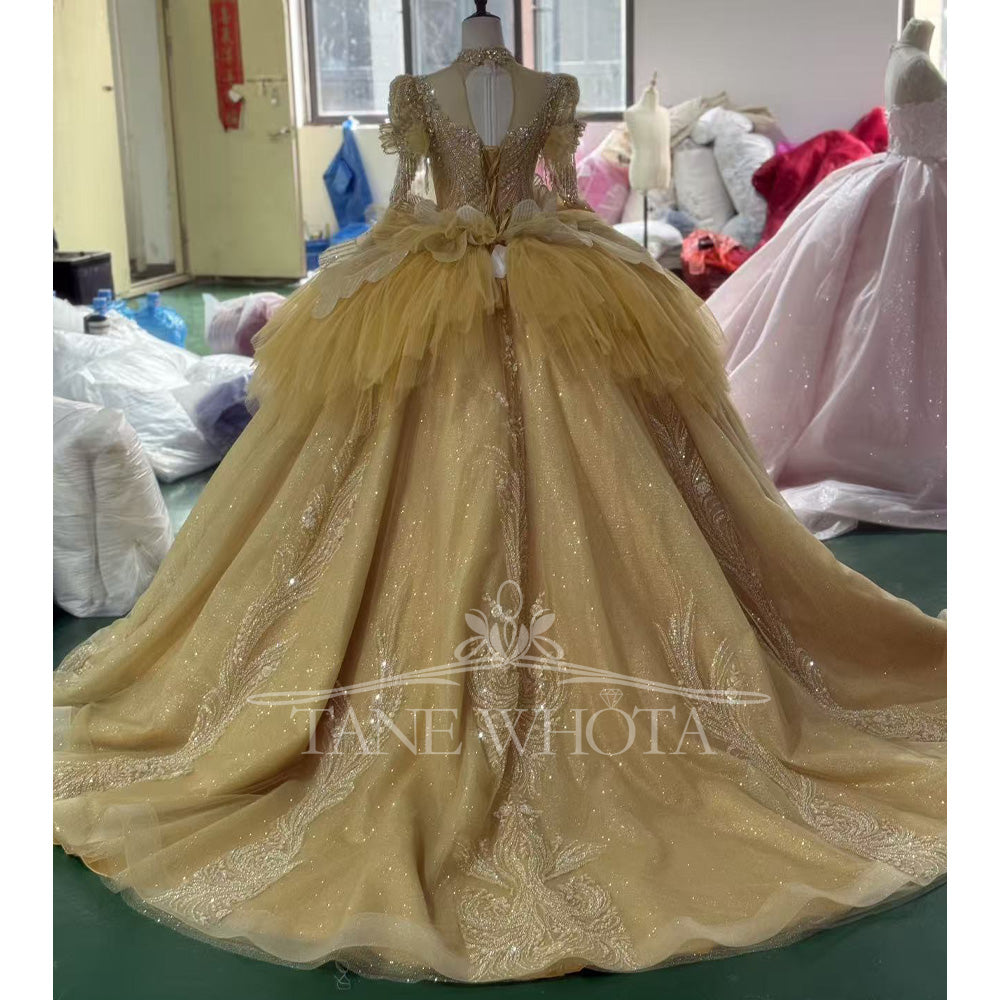TW806 Customizable Yellow Evening Gown With High Long Sleeves Keyhole Back Crystal Beading Lace Up Prom Dress
