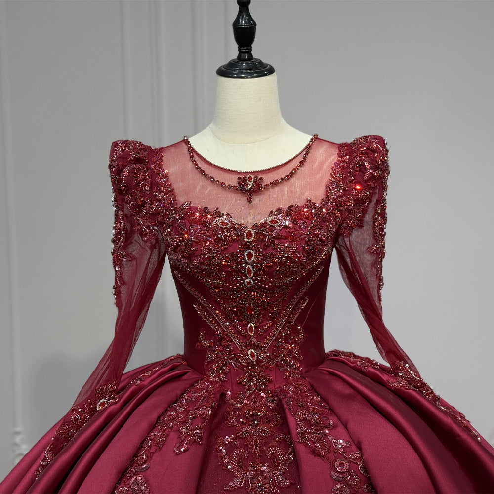 TW970 Red O-Neck Customizable Long Sleeves Lace-Up Keyhole Back Evening Dress Crystal Beading Luxury Dress 2026