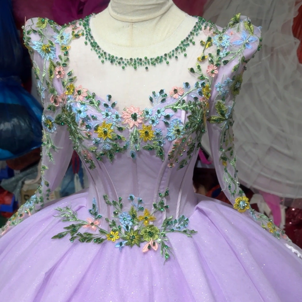 TW974 Purple Evening Dress O-Neck Long Sleeve Beaded Embroidery Lace-Up Keyhole Back Women's Customizable Gown For 2026