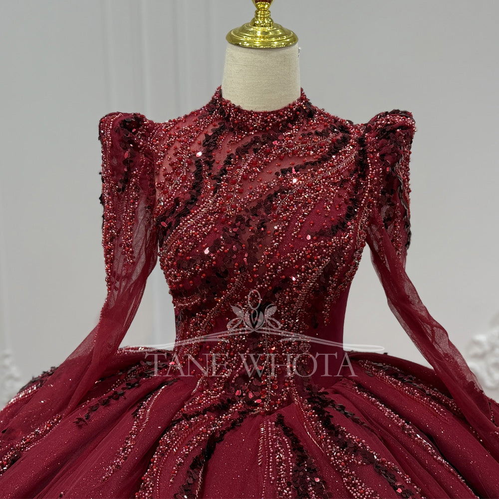 TW814 Customizable Red Evening Gown High Long Sleeves Lace-Up Keyhole Back Sequined Beading Robe Soirée Luxe 2026 Style For Women