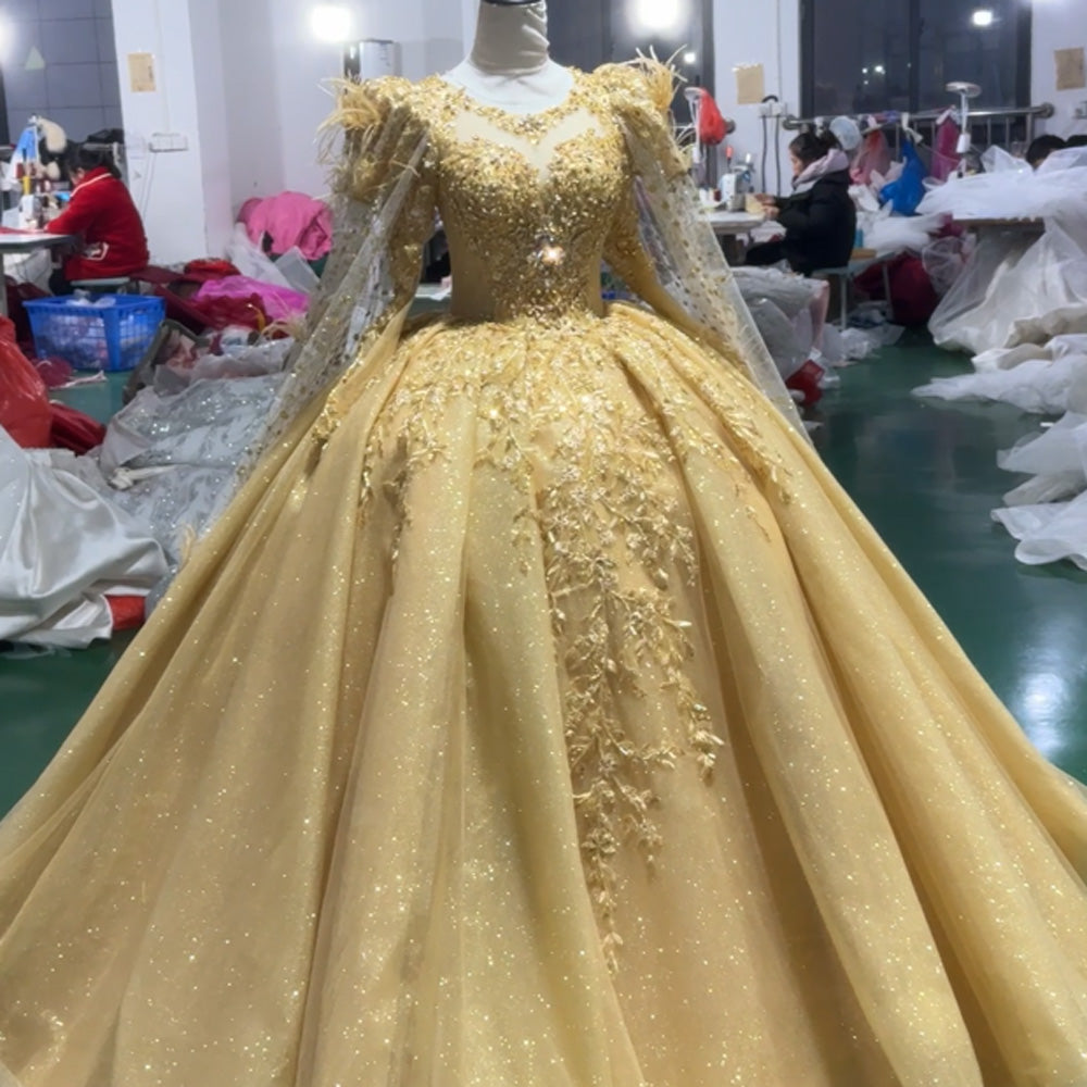 TW976 Yellow Evening Dress O-Neck Long Sleeve Crystal Embroidery With Feathers Lace-Up Keyhole Back Customizable Women's Formal Gown