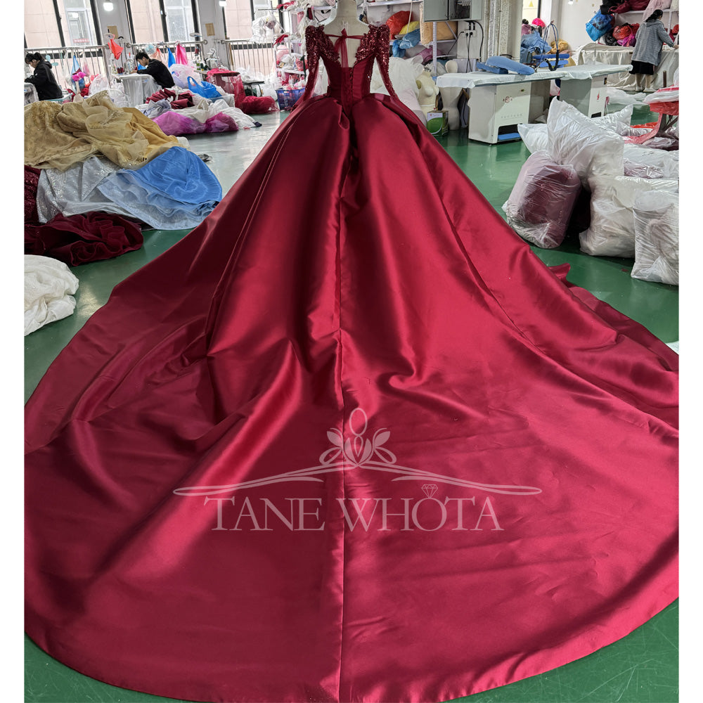 TW805 Customizable Red Evening Dress With Square Collar Long Sleeves Lace-Up Back Crystal Beading Embroidery For Women