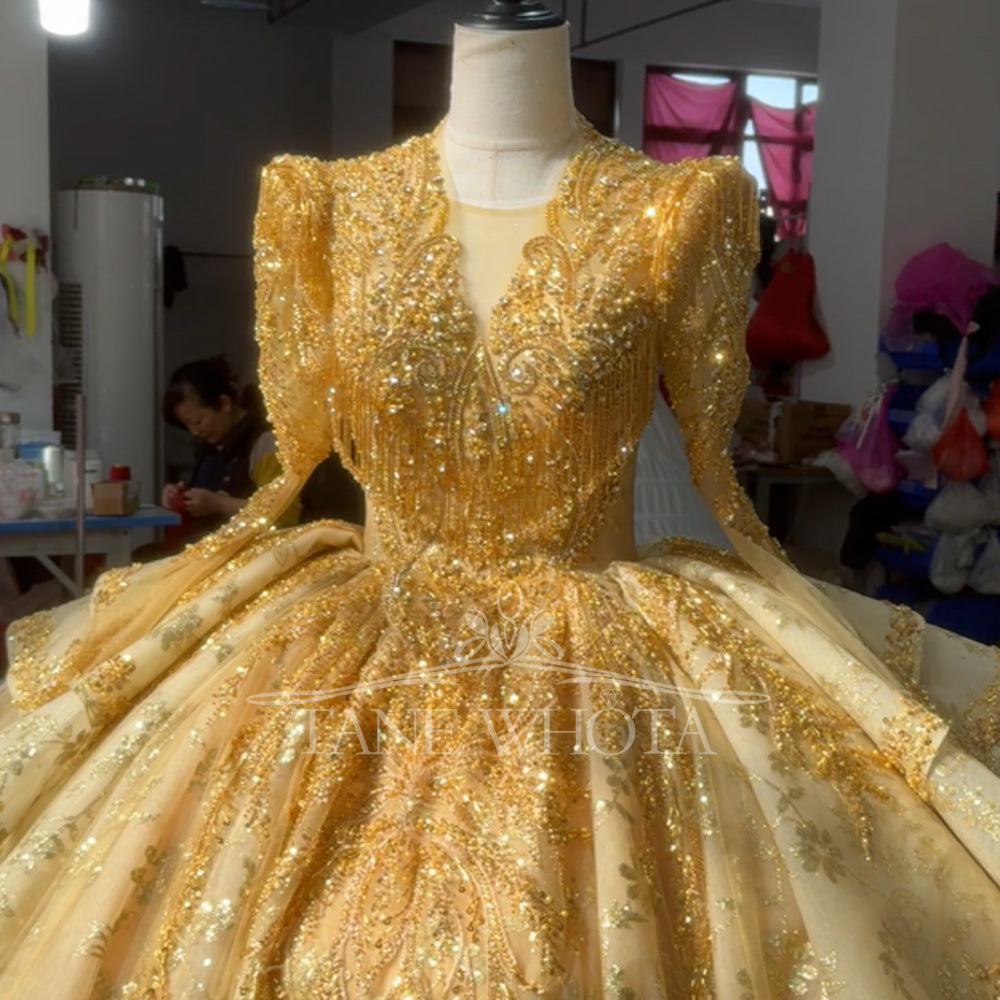 TW804 Customizable Gold Luxury Evening Dress V-Neck Long Sleeve Crystal Beaded Sequined Embroidery Lace Up Keyhole Back