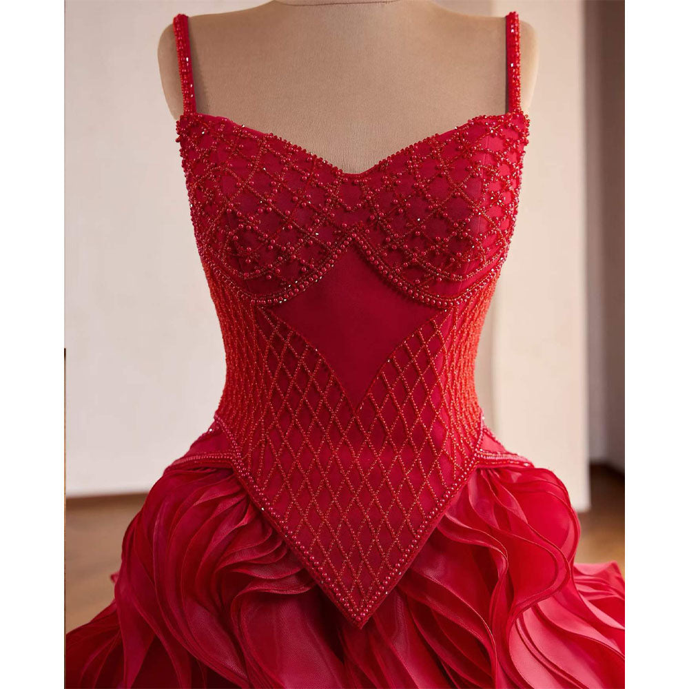 TW1110 Customizable Red Evening Gown Spaghetti Strap Zipper Beaded Ruffle Detail For Women