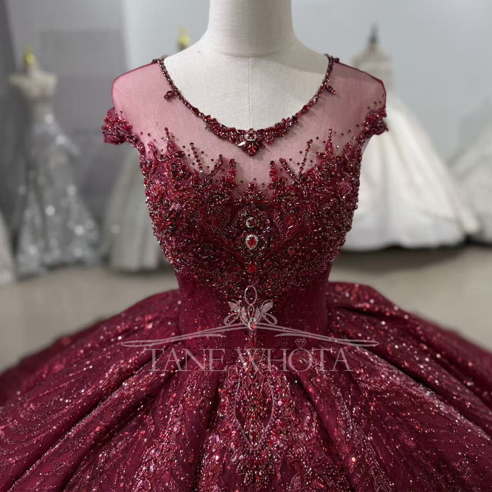 TW815 Customizable Red Evening Gown O-Neck Cap Sleeves Lace Up Keyhole Back Crystal Sequined Prom Dress For Women