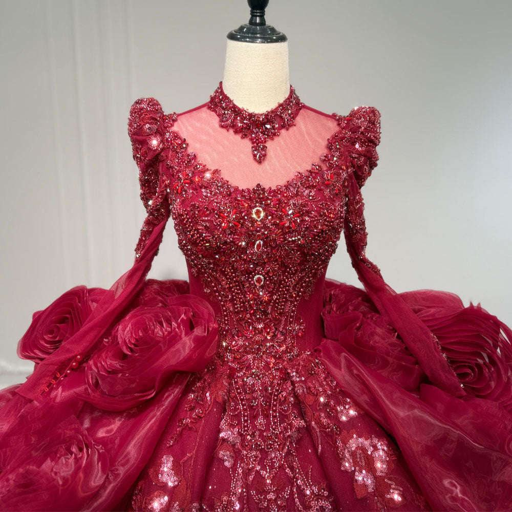 TW1085 Red Turtle Customizable Evening Dress With Long Sleeves Lace-Up Keyhole Back Crystal Beading Sequined 3D Flowers Luxury 2026