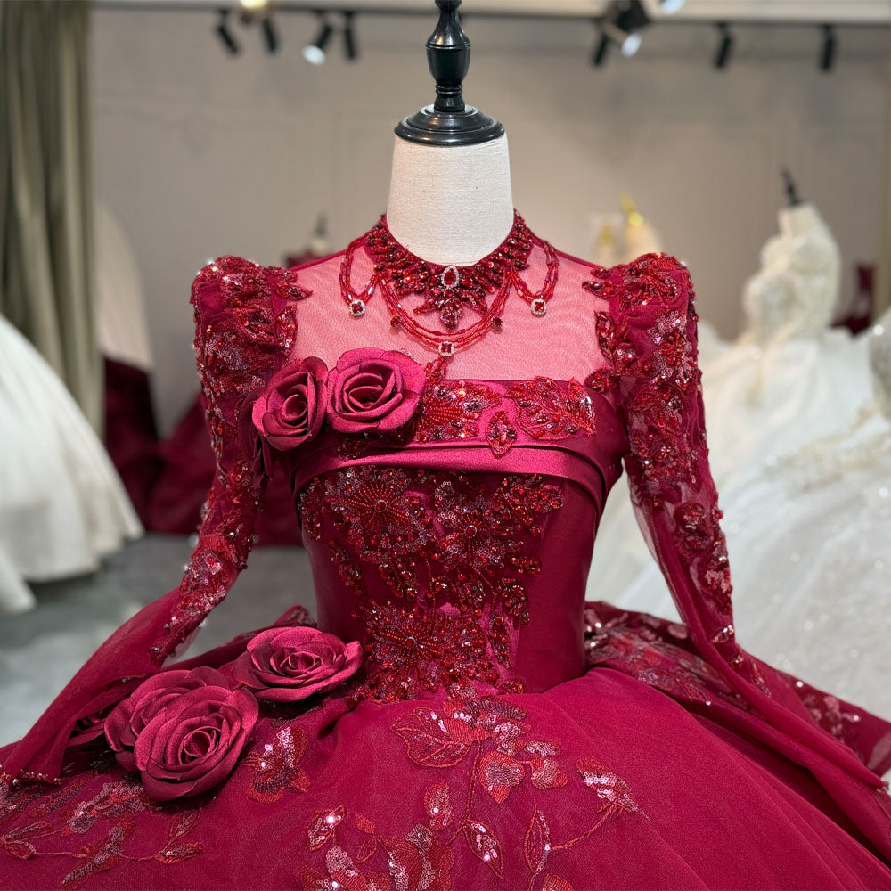 TW1086 Customizable Gorgeous Red Turtle Long Sleeves Lace-Up Keyhole Back Evening Prom Dress With Crystal Sequined 3D Flowers